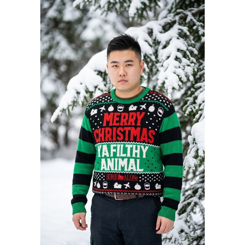 Home Alone Merry Christmas Ya Filthy Animal Ugly Sweater Mens 2XL Green Black